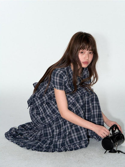 NAPSNAPS Blue Plaid Ruffle Hem High Waist Pleated Patchwork Women&