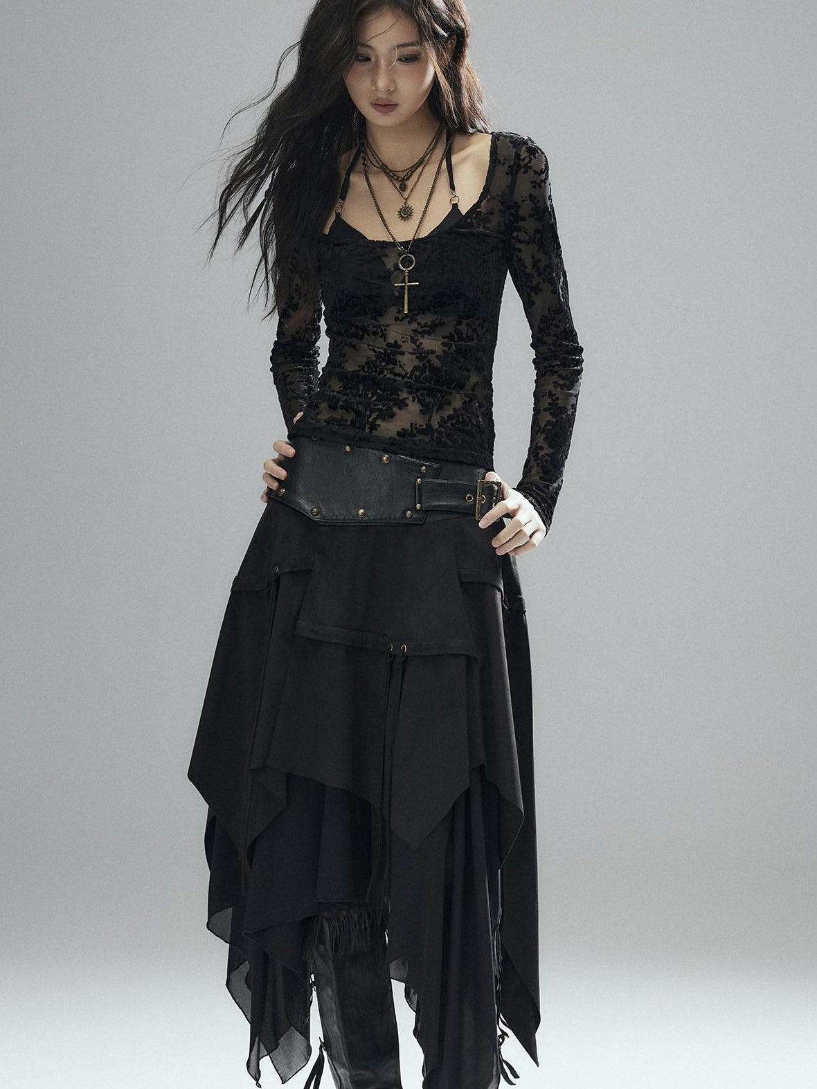 Low pixel Sexy Low Waist Asymmetrical A Line Zipper Black Woven Polyester Midi Skirts