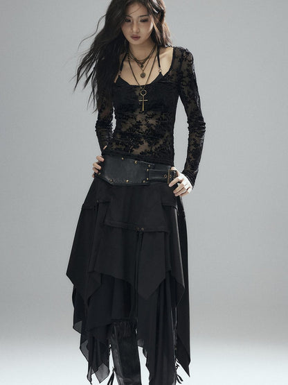 Low pixel Sexy Low Waist Asymmetrical A Line Zipper Black Woven Polyester Midi Skirts