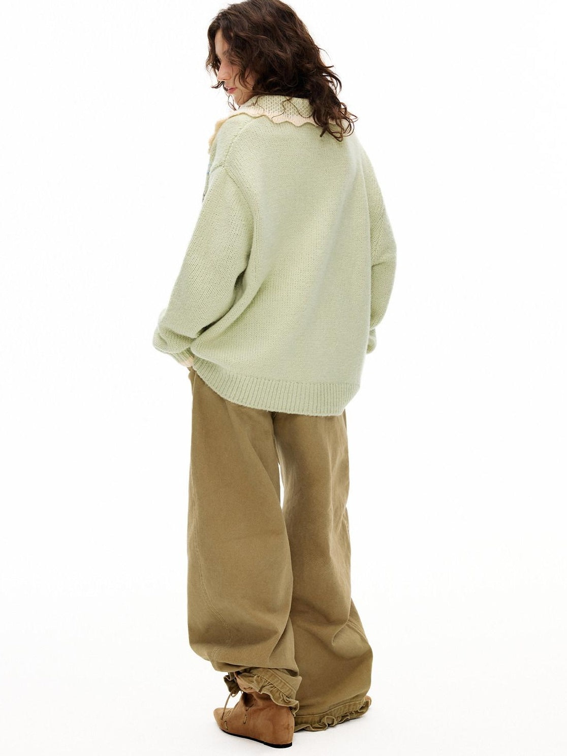 OuttheBlue Warm Acrylic Wool Commuter Loose Jacquard Mint Green Cardigans