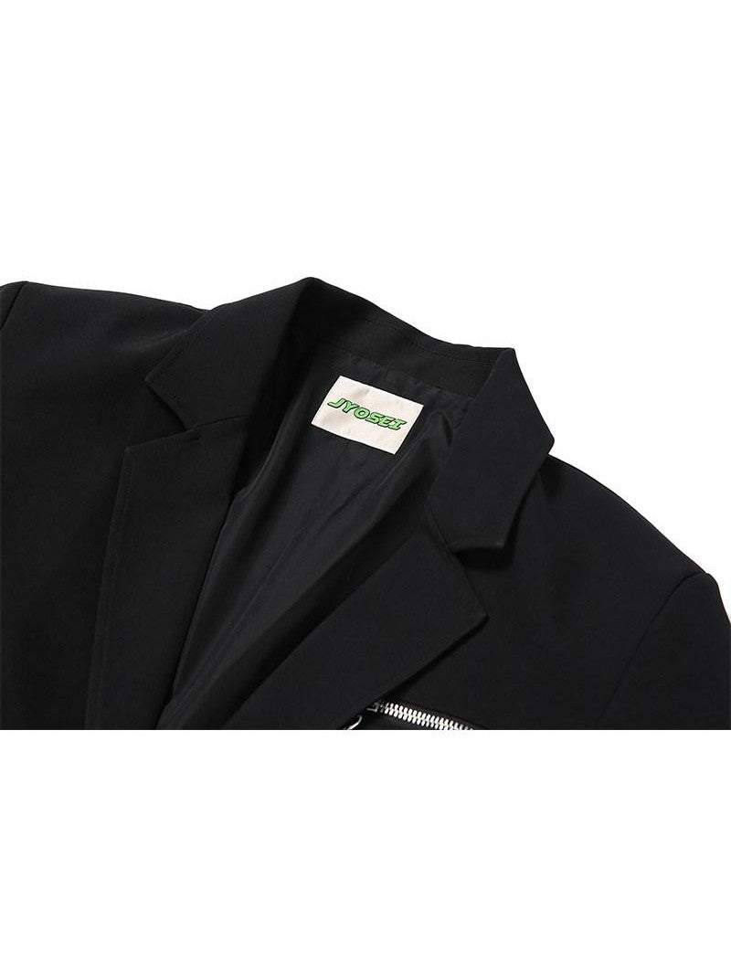 JYOSEI Black Padded Shoulder Loose Fit Single Button Pockets Women&