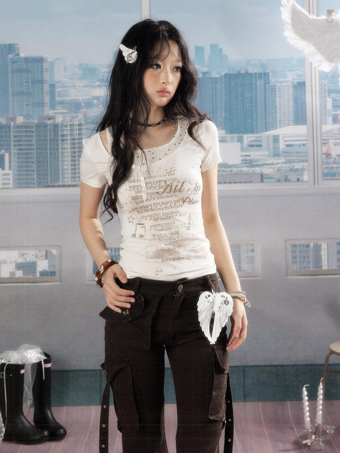ALL iN plan Soft Lyocell Casual Round Neck A Line Sleeve Women Letter Print Offwhite Tshirt