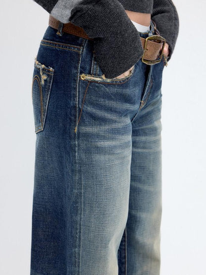 RUN TO THE FUTURE Washed Deep Navy Low Rise Loose Fit Casual Denim Wide Leg Straight Jeans