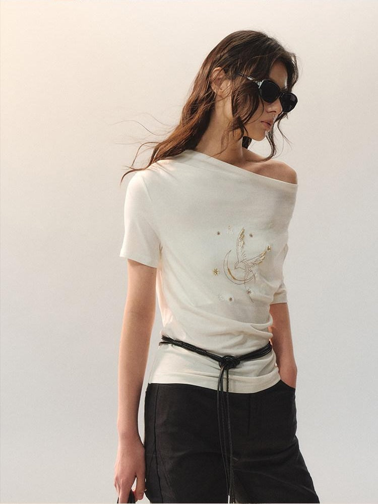 AnnoMundi Beaded Asymmetric Neck Loose Women Lyocell Stretch White Short Sleeve T-Shirts