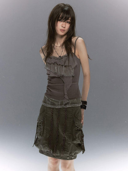 Cest Nous Leaf Tie Dye Beaded Lace V-neck Layered Ruffle Women&