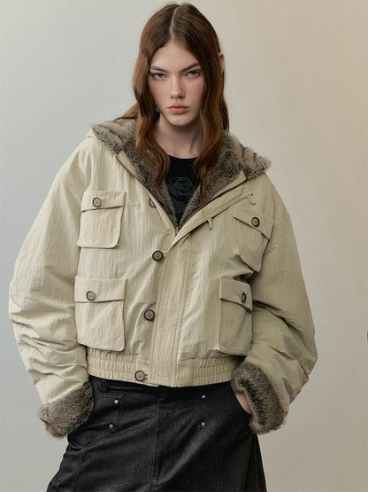 AnnoMundi Eco Friendly Oversized Utility Sailor Collar Women Zipper Khaki Casual Jackets