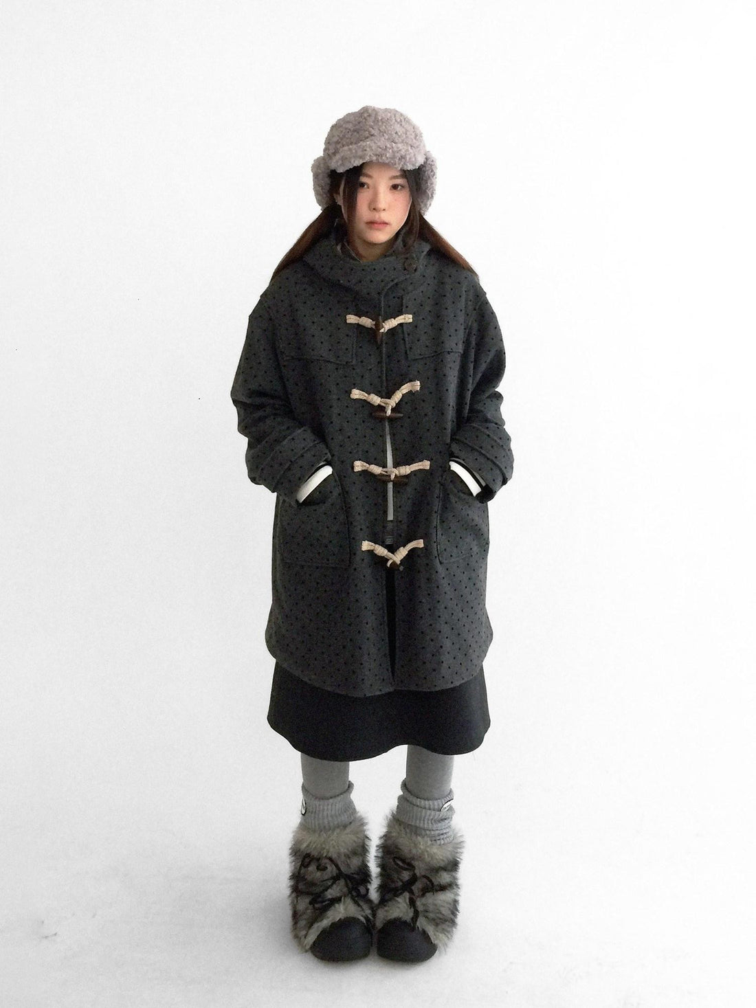 innomoood Brown Sugar Flocked Polka Dot Toggle Hooded Women&