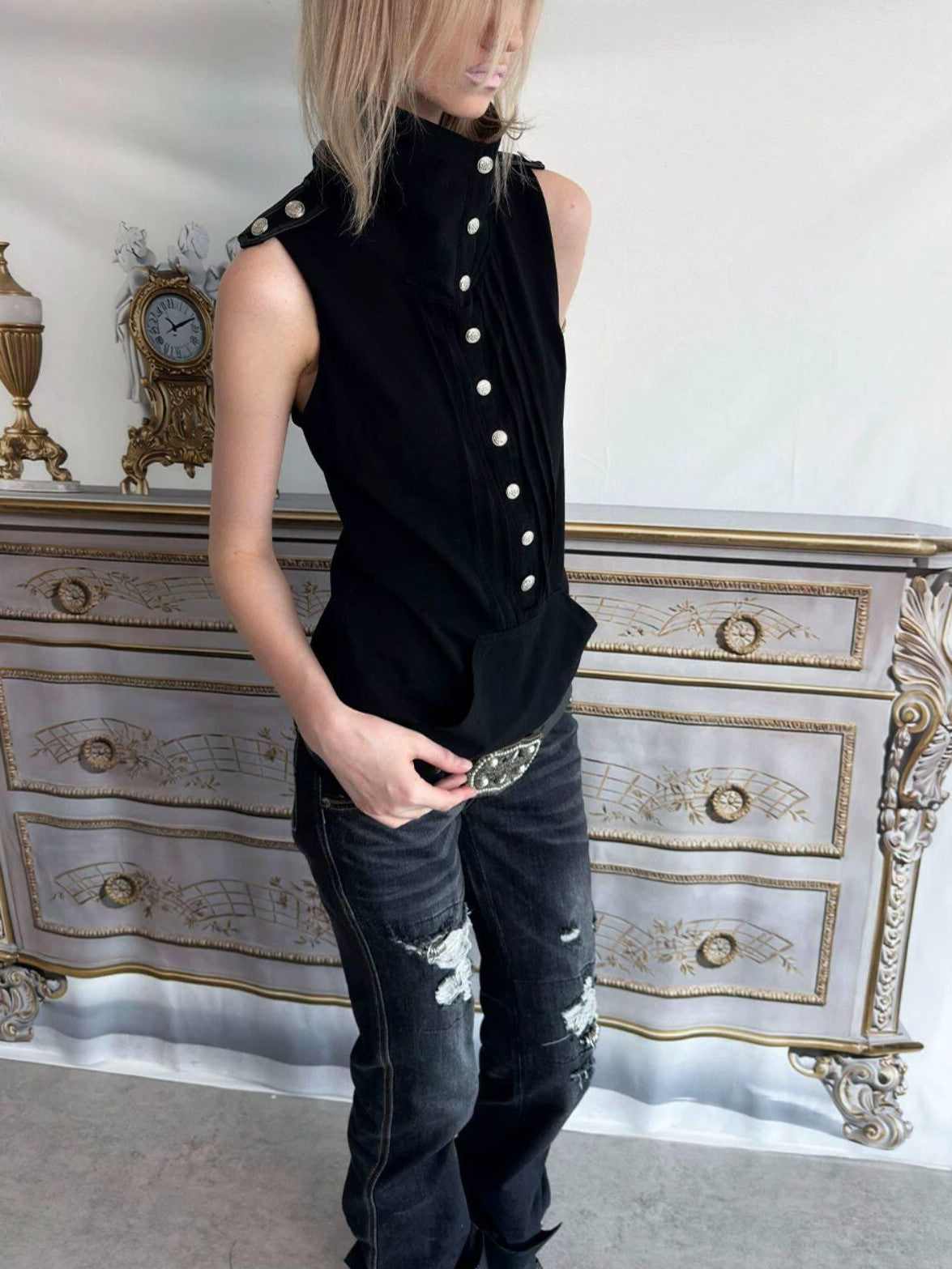 DoublePunch Metal Button Epaulet Convertible Half High Neck Women&