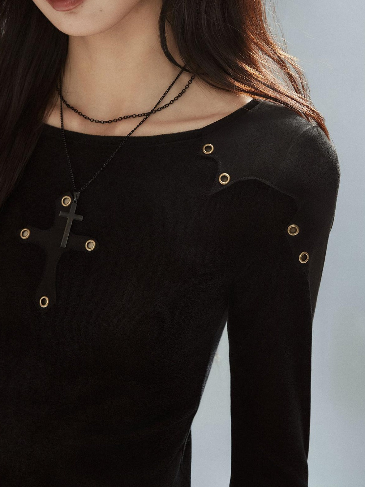 Low pixel Slim Fit Patchwork Casual Crewneck Black Stretch Young Women Long Sleeve T-Shirts