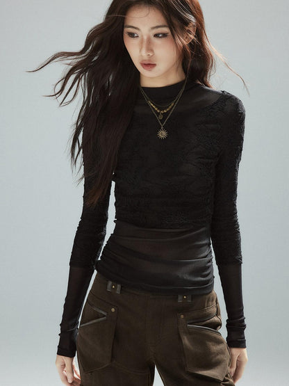 Low pixel Thin Street Slim Fit Faux Two Piece Crew Neck Women Nylon Long Sleeve T-Shirts