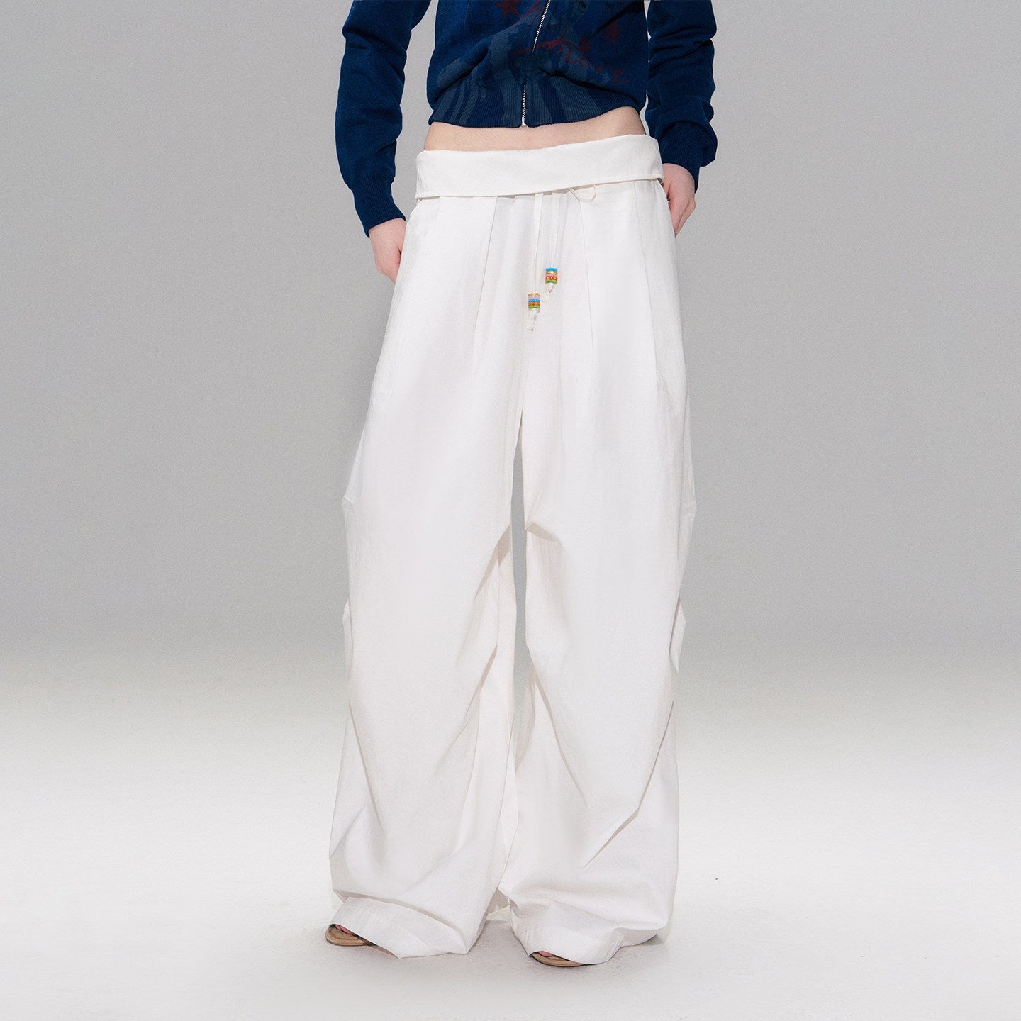 The NeverMore Cotton Blend Vintage Curved Cut Natural Waist Women White Wide Leg Pants
