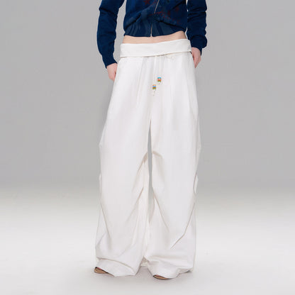 The NeverMore Cotton Blend Vintage Curved Cut Natural Waist Women White Wide Leg Pants