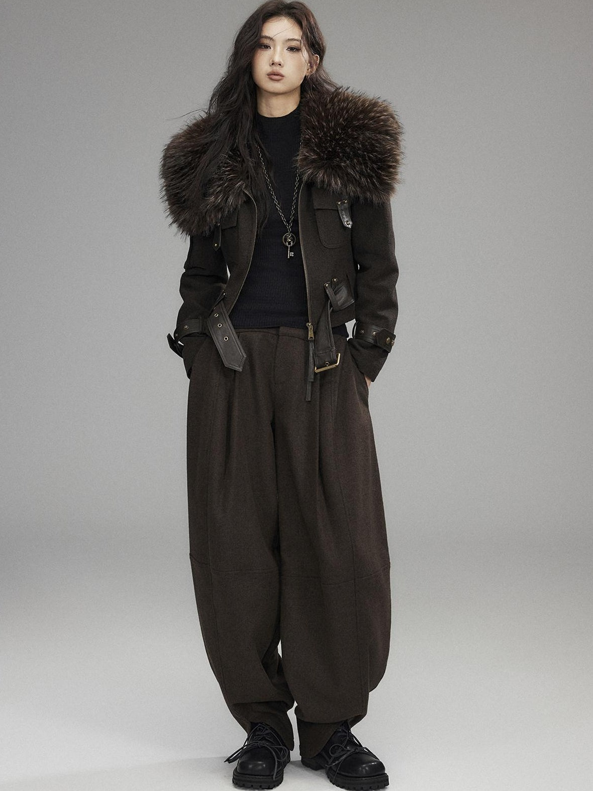 Low pixel Thick Wool Blend Slim Fit Sexy Lapel Zipper Brown Everyday Women Cropped Jackets