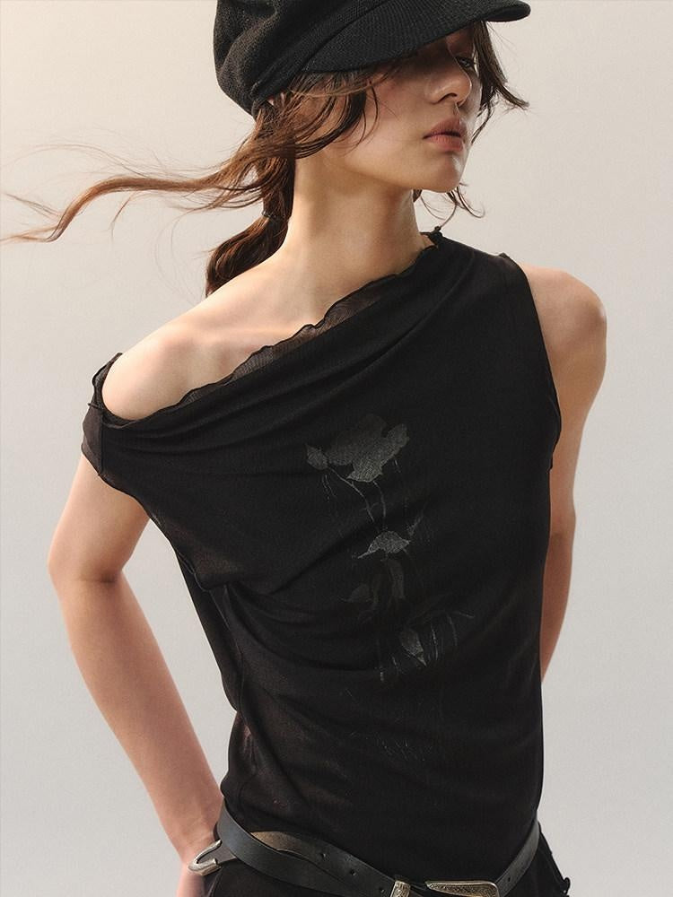 AnnoMundi Polyester Rayon Blend Embroidered Regular Fit Women Layering Black Tank Tops
