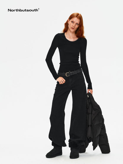 Northbutsouth Four Color U Neck Slim Fit Lightweight Long Sleeve Women&