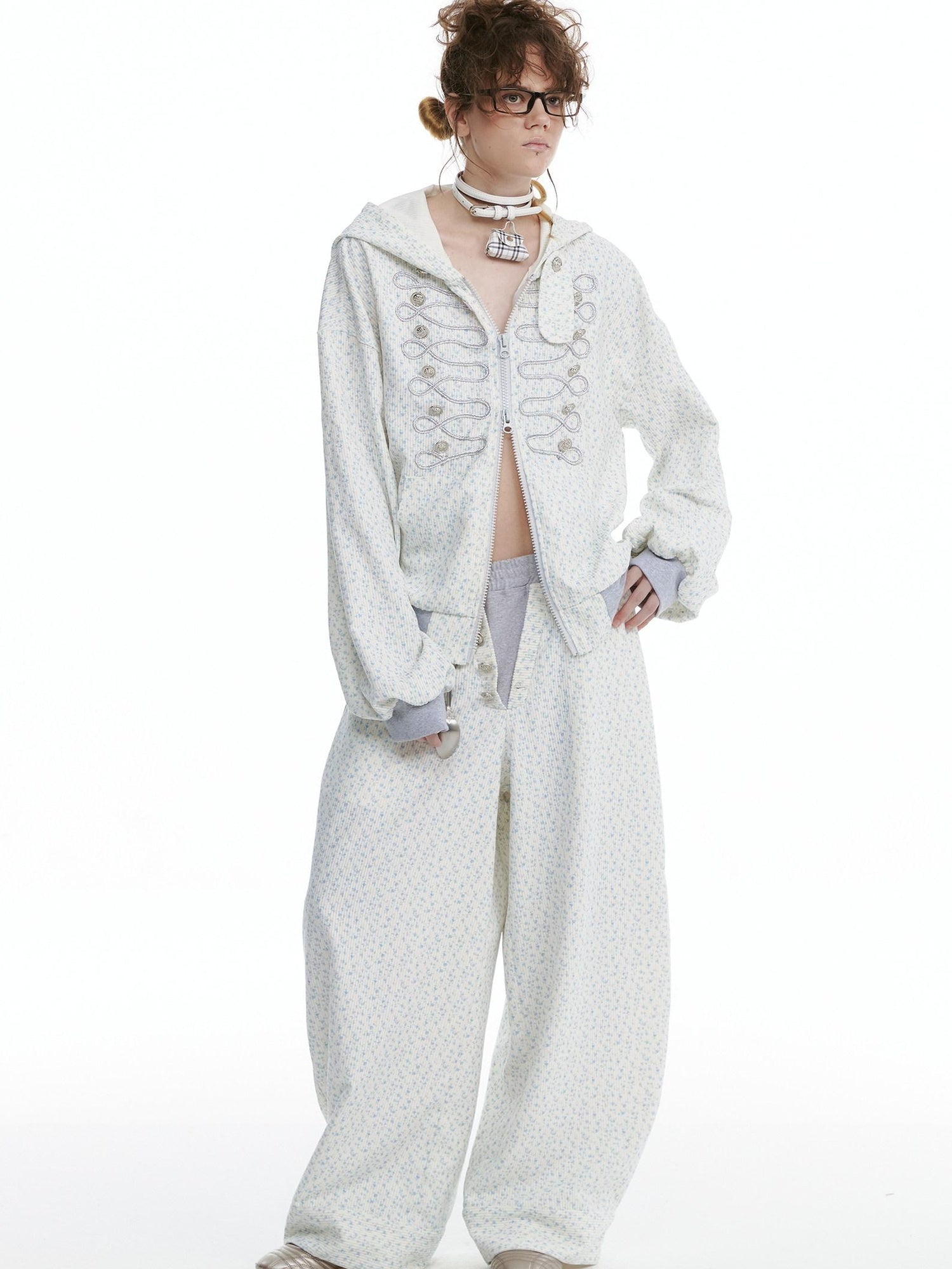 nit alcove Floral Zip Hoodie Loose Fit Long Sleeve Unisex Long Pants Top &amp; Pants Sets