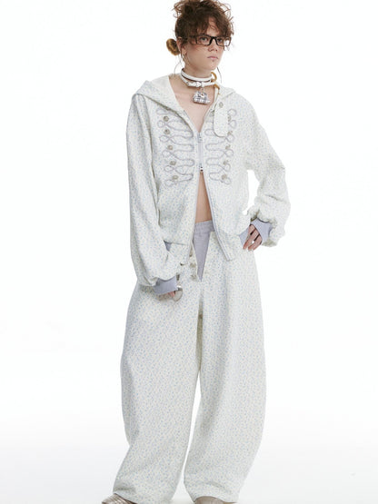 nit alcove Floral Zip Hoodie Loose Fit Long Sleeve Unisex Long Pants Top &amp; Pants Sets