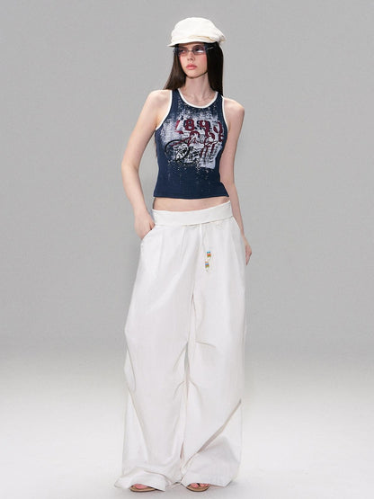 The NeverMore Cotton Blend Vintage Curved Cut Natural Waist Women White Wide Leg Pants