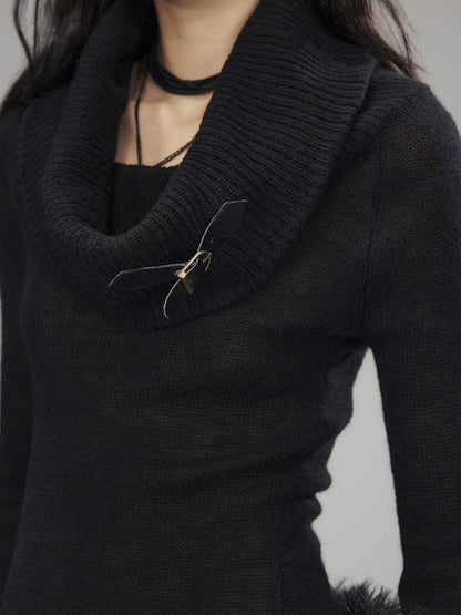 Low pixel Wool Blend Pullover Loose Fit Commuter Boat Neck Black Knit Sweaters