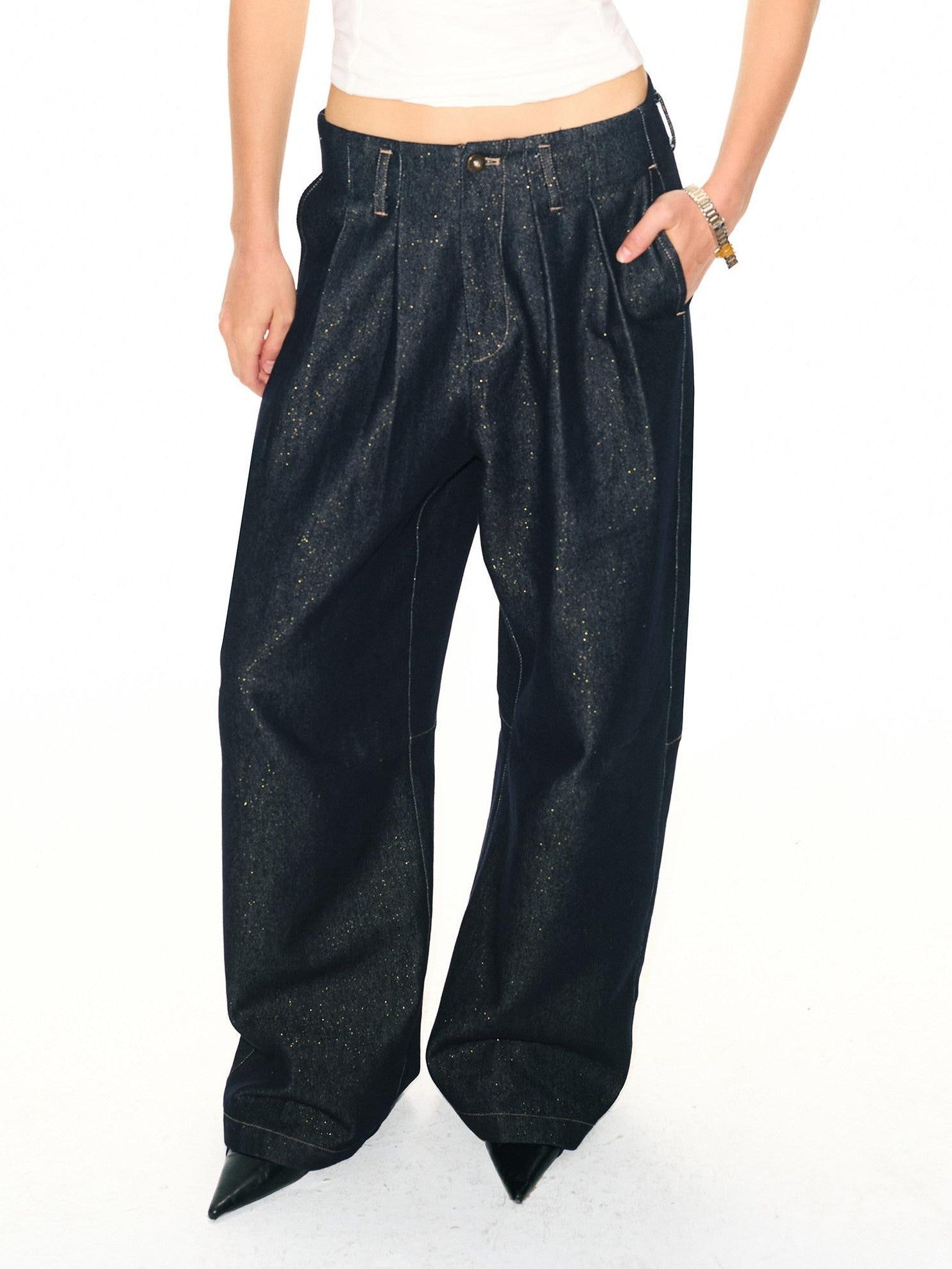 2th Desire Shimmer Contrast Stitching High Waist Button Women&