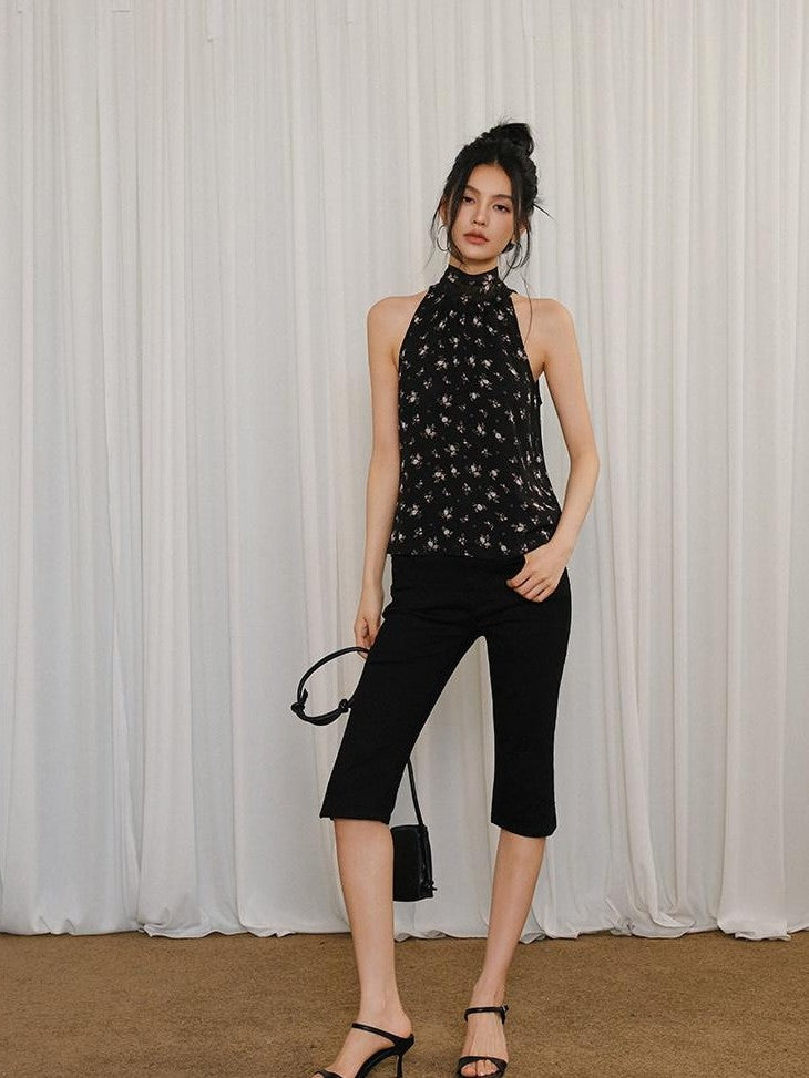 FU FRESH UP Black Floral Stand Collar Tie Neck Chiffon Women&