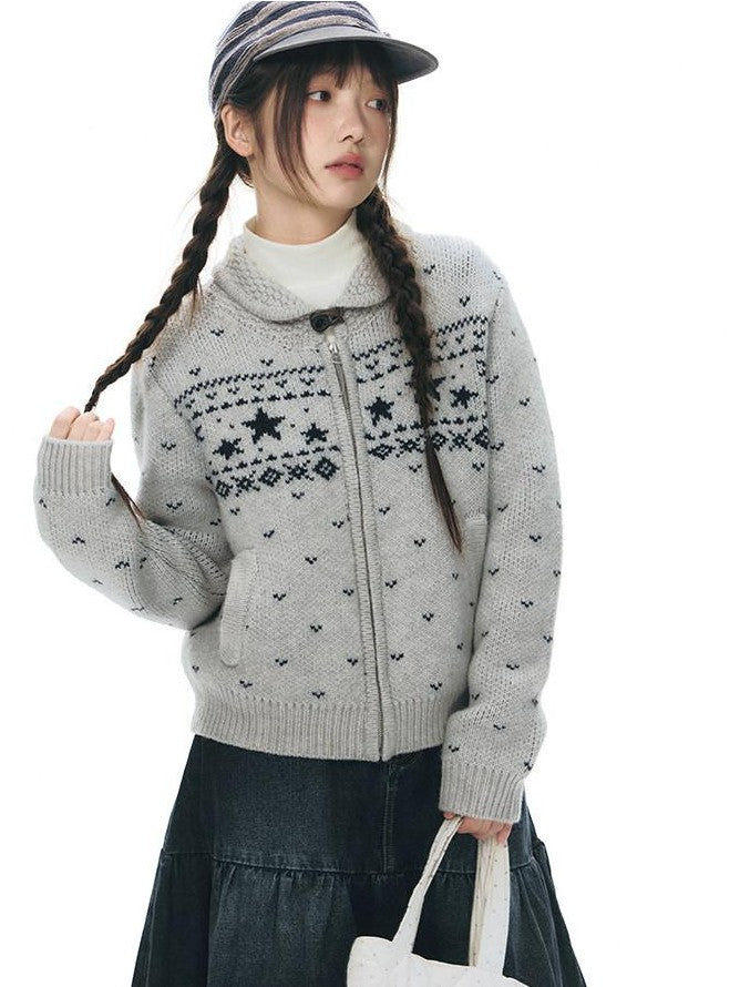 NAPSNAPS Vintage Fair Isle Star Knit Turndown Collar Women&