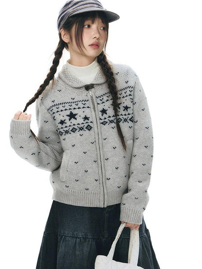 NAPSNAPS Vintage Fair Isle Star Knit Turndown Collar Women&