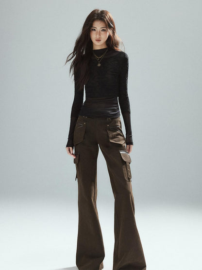 Low pixel Slim Low Rise Cotton Flare Street Style Zipper Brown Women Cargo Pants
