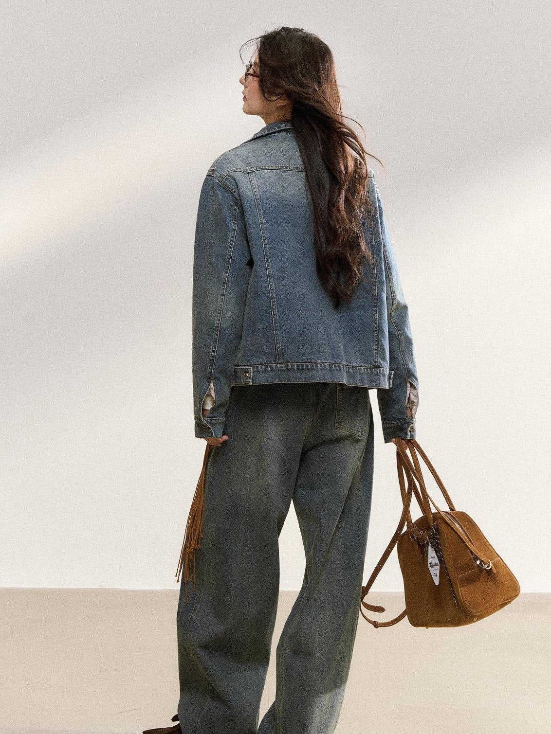 7Shiftin Warm Detachable Fur Collar Casual Cropped Women Long Sleeve Denim Jackets