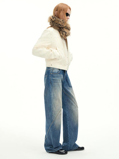 RUN TO THE FUTURE Vintage Washed Low Rise Cotton Boxy Women Zip Fly Nostalgic Blue Straight Jeans