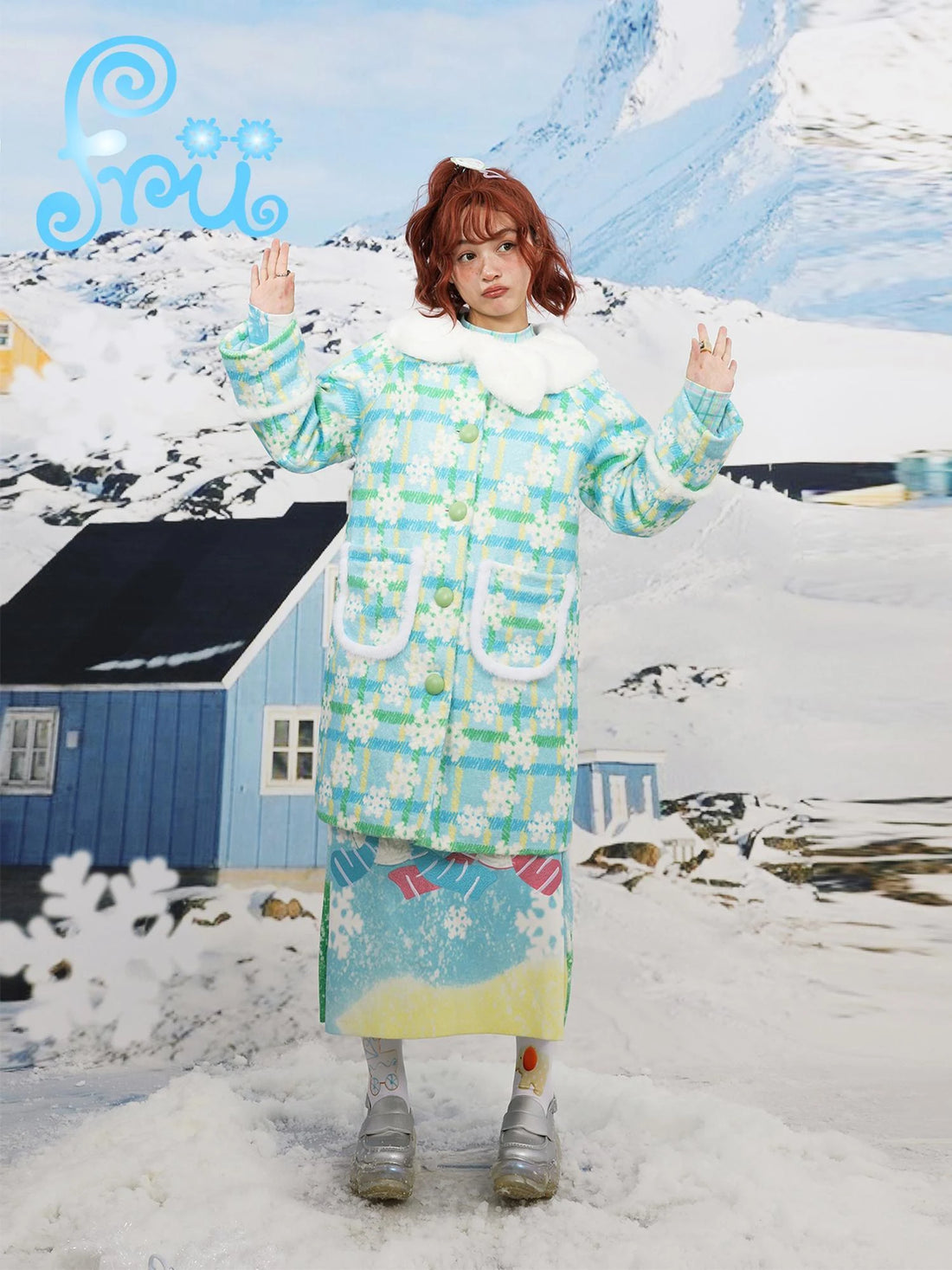 Blue Quilted Wool Coat With Print Doll Collar