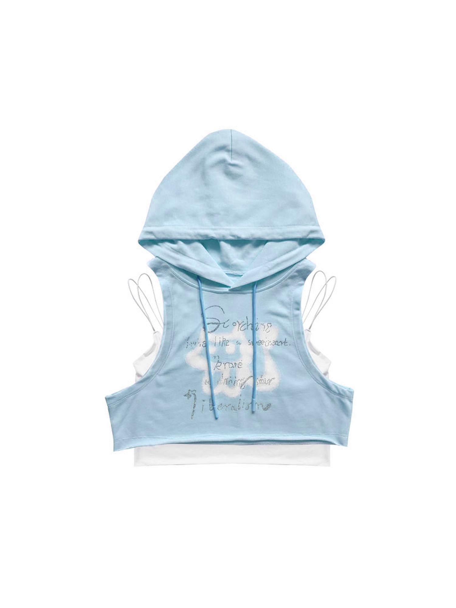 WSW WUSHENWU Pink &amp; Blue Rhinestone Hooded Vest Two Piece Set
