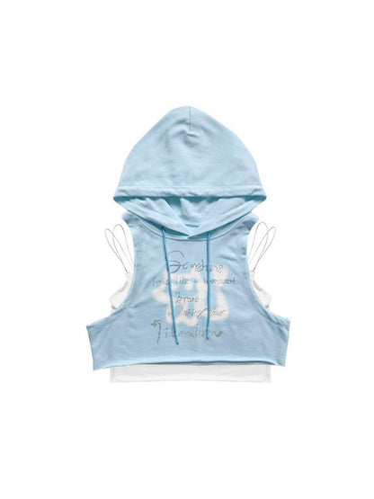 WSW WUSHENWU Pink &amp; Blue Rhinestone Hooded Vest Two Piece Set