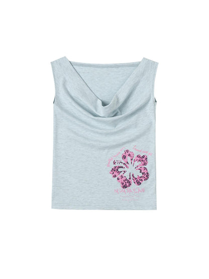 MOMSYCAN FOX LINE Summer Slim Cowl Neck Leopard Hem T Shirt