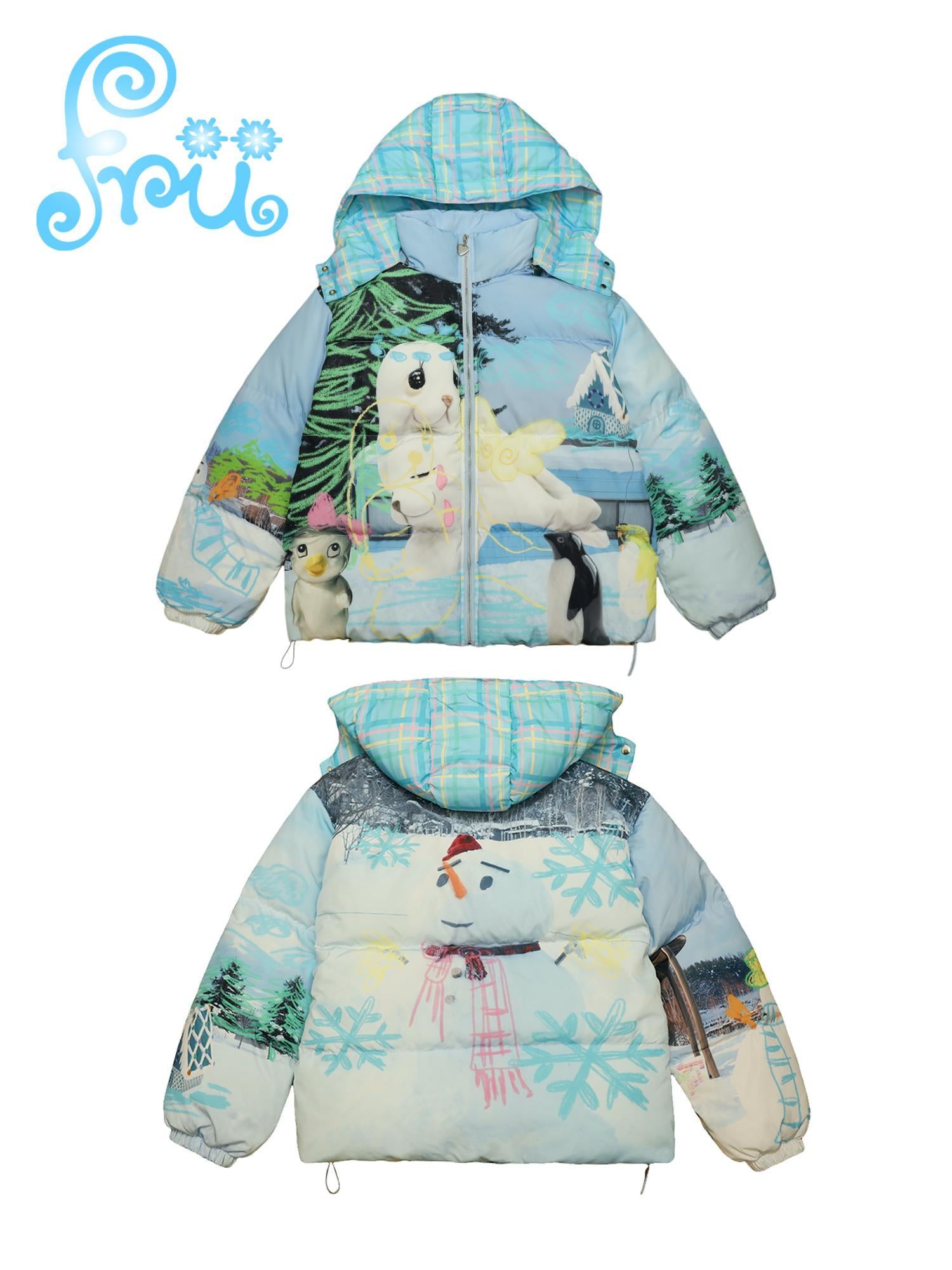 Frufru Gulu Winter Blue Snowman Print White Duck Down Jacket