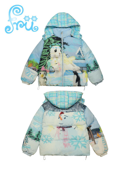Frufru Gulu Winter Blue Snowman Print White Duck Down Jacket