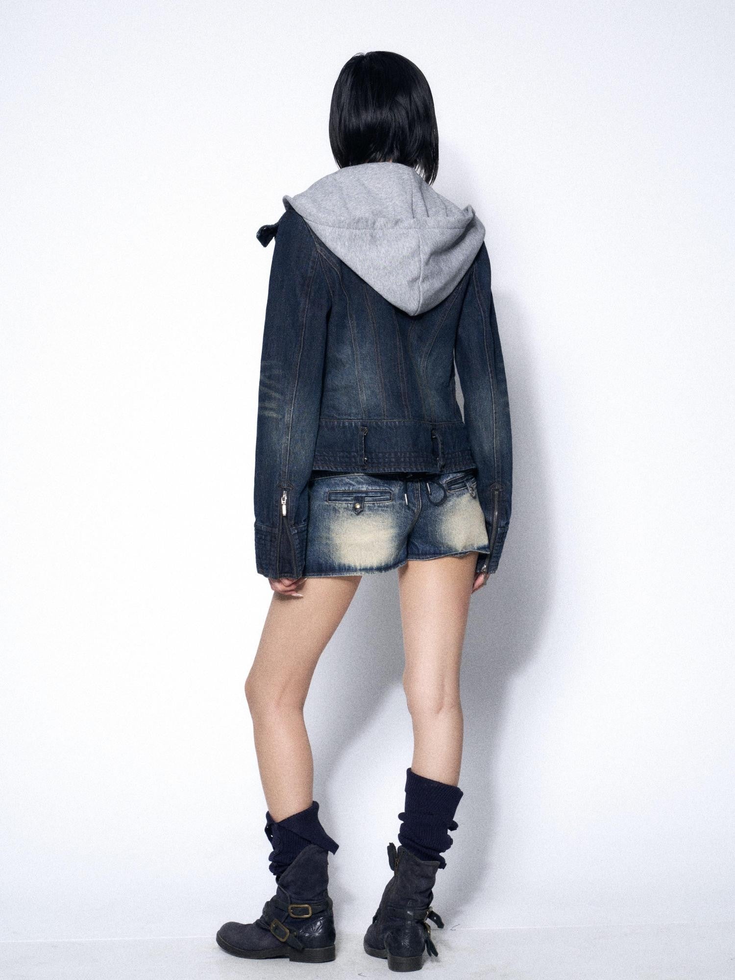 OPEN AESTHETIC Washed Distressed Faux Two Piece Hooded Zip Front Slim Fit Women&