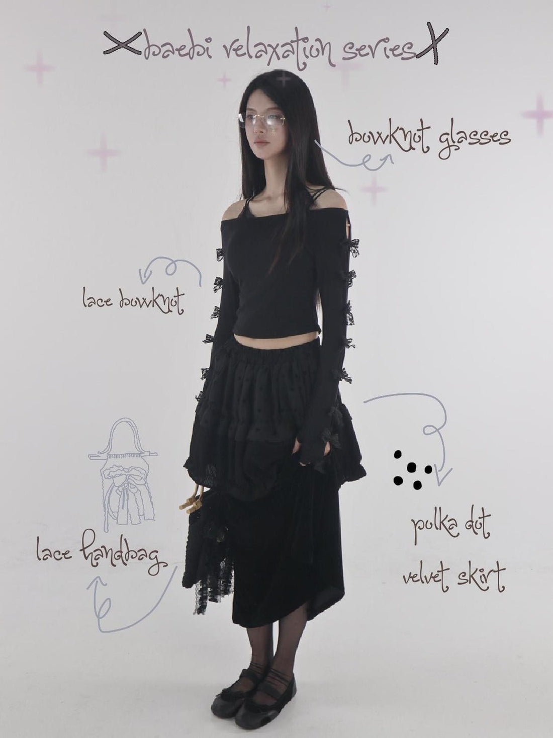 bae bi Black Polka Dot Lace Bow V-neck Women&