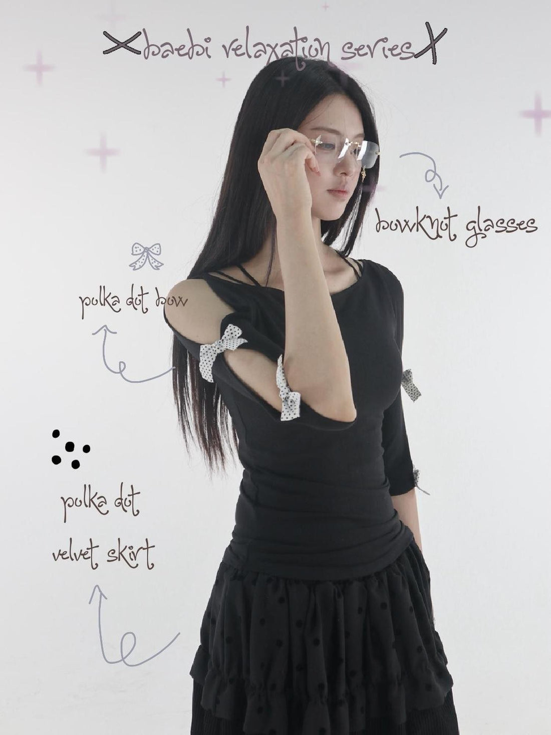 bae bi Black Polka Dot Lace Bow V-neck Women&
