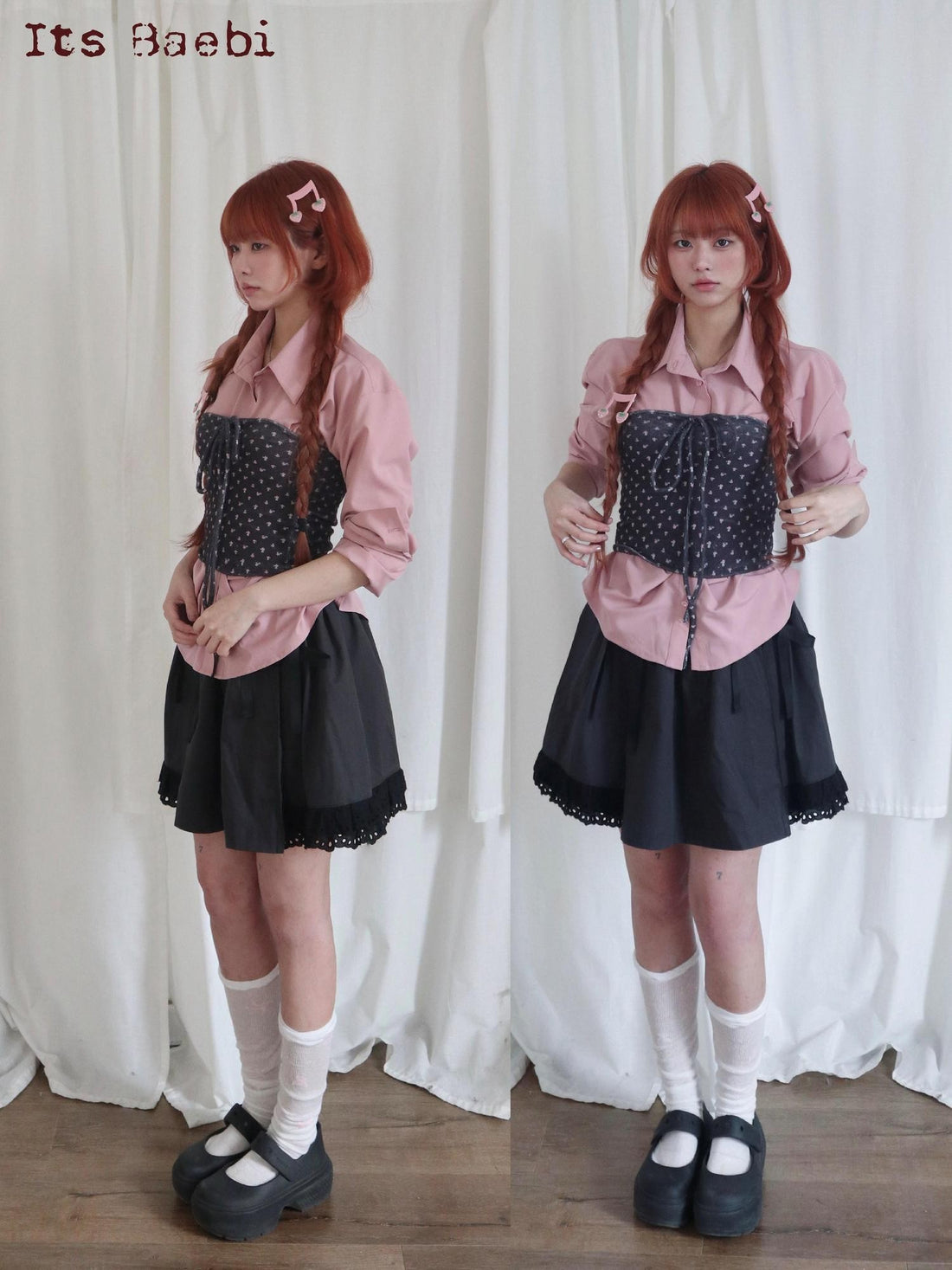 bae bi Bow Tie Lace Waist Puff Sleeve Turn Down Collar College Women&