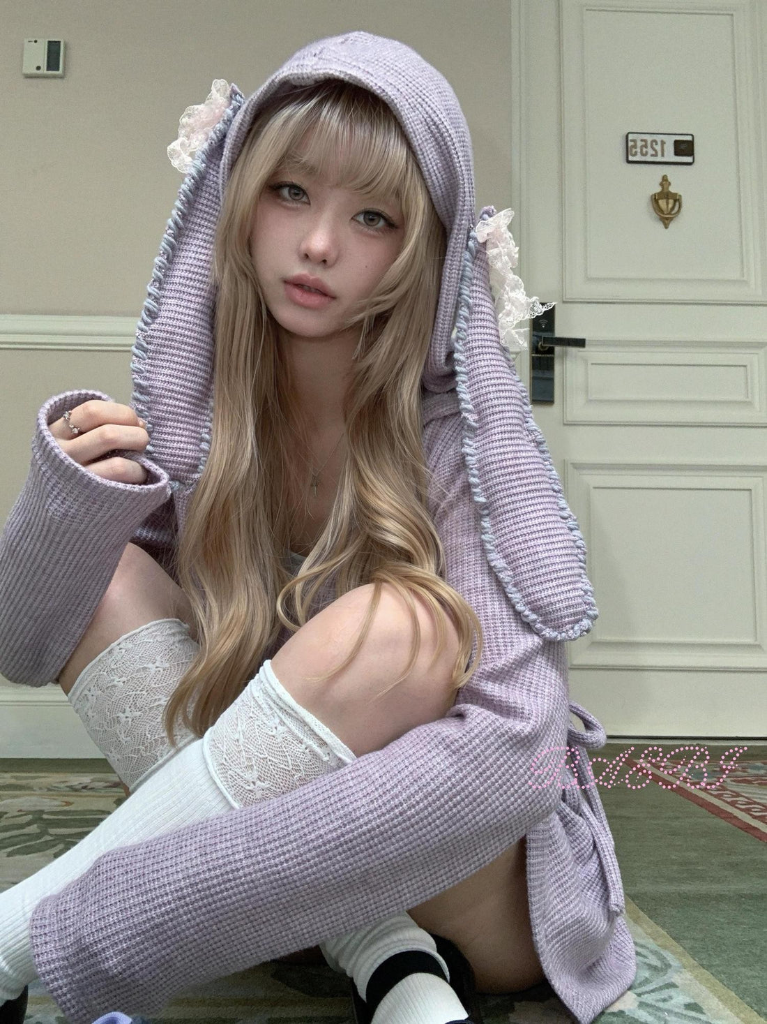 bae bi Bunny Ears Cross Neck Handstitched Lace Bow Women&