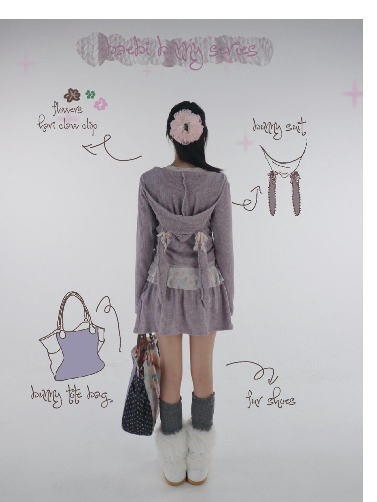 bae bi Bunny Ears Cross Neck Handstitched Lace Bow Women&