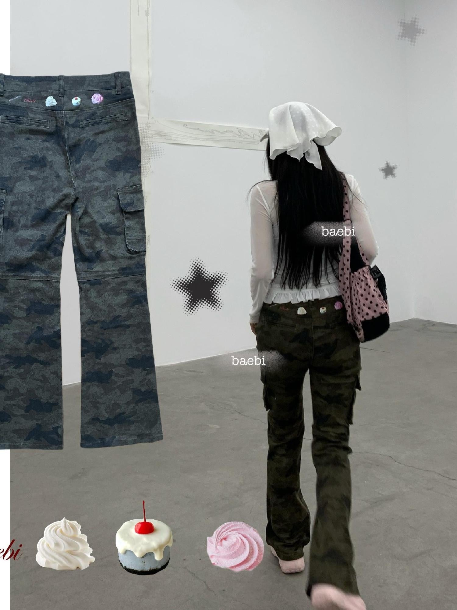 bae bi Cupcake Letter Print Vintage Camo High Waist Women&