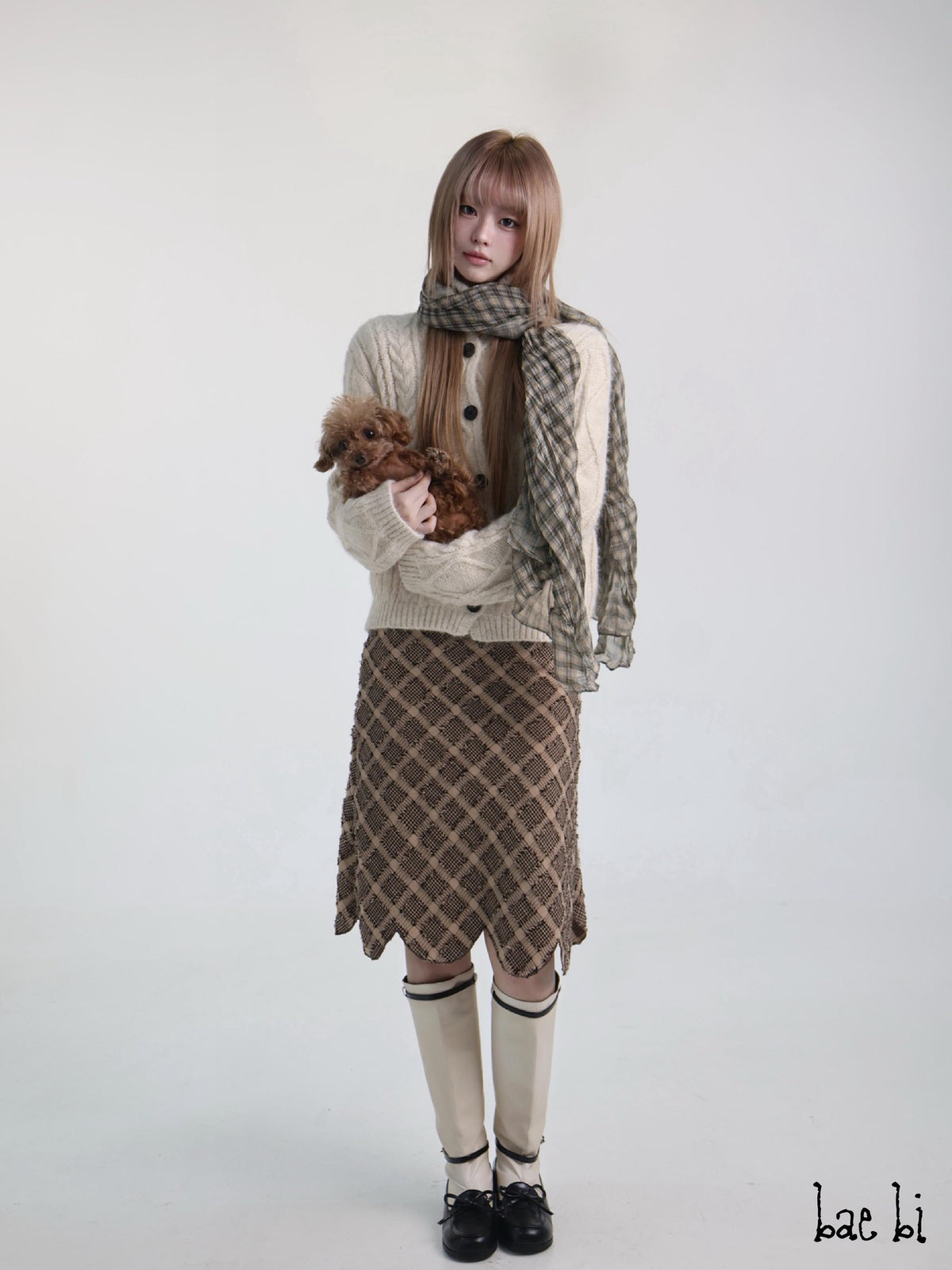 Diamond Jacquard Detachable Faux Fur Collar Women&