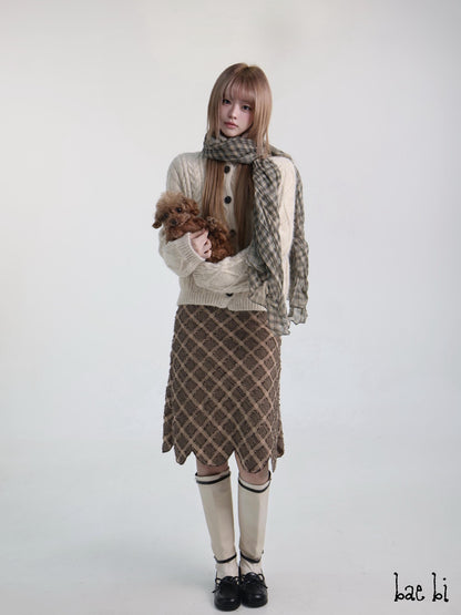 Diamond Jacquard Detachable Faux Fur Collar Women&