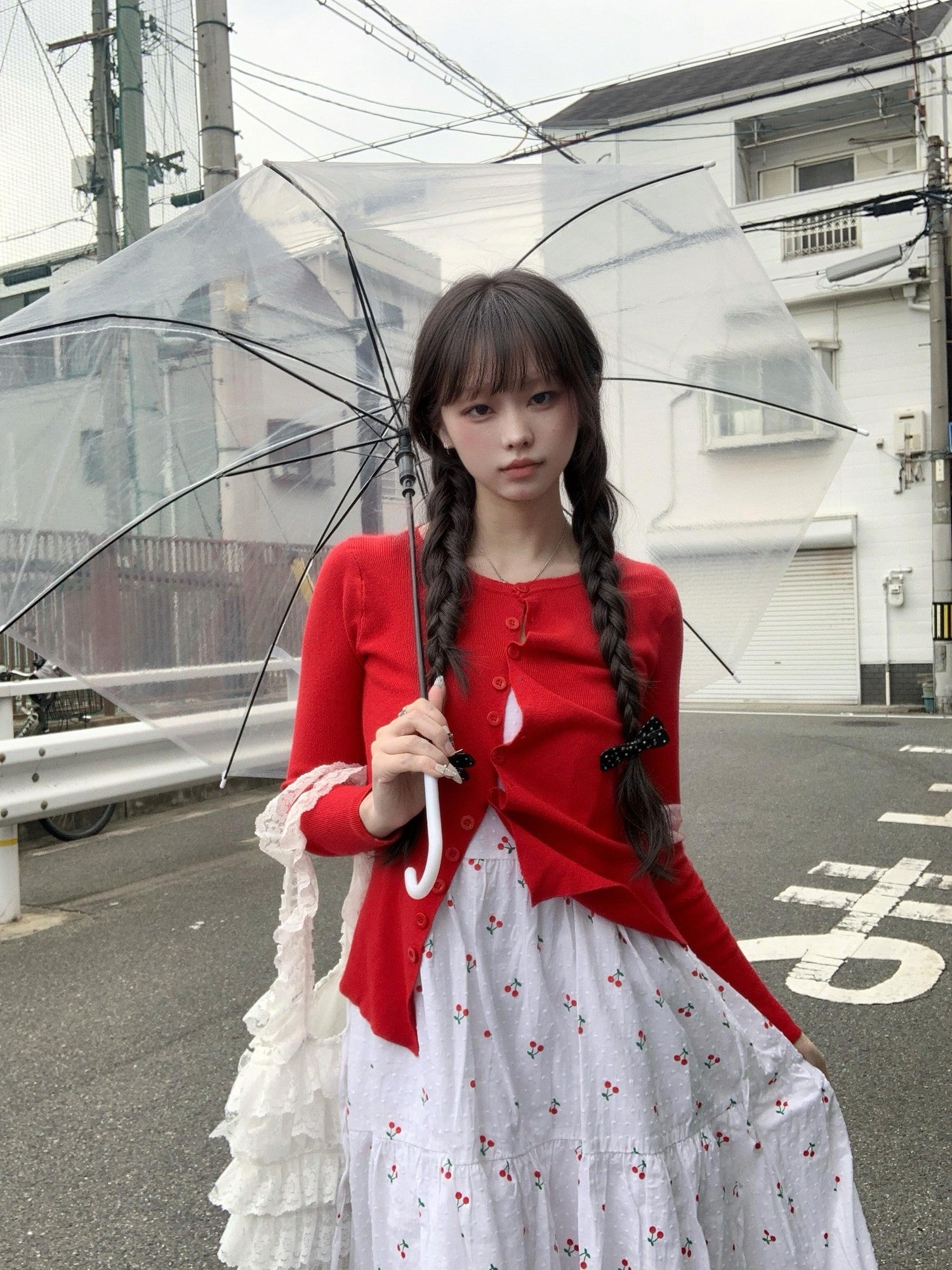 bae bi Ditsy Cherry Floral Strappy Korean Girlish Women&