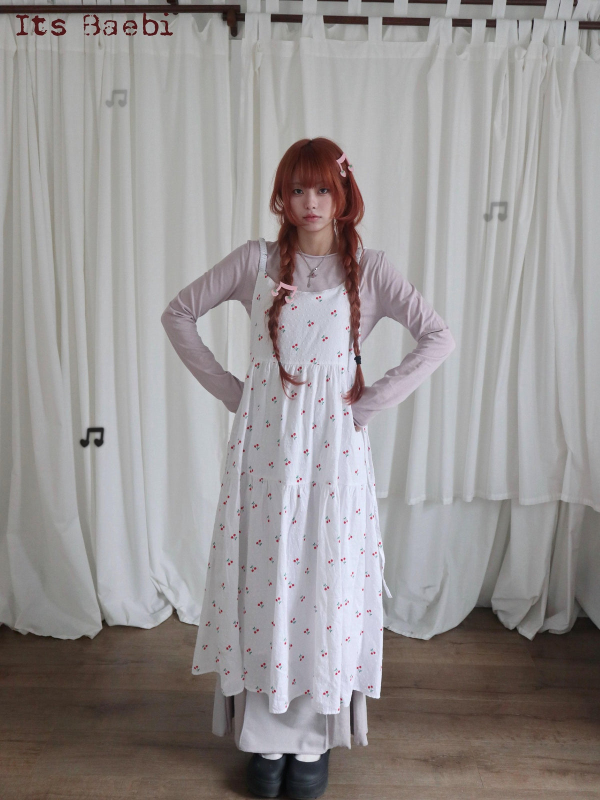 bae bi Ditsy Cherry Floral Strappy Korean Girlish Women&