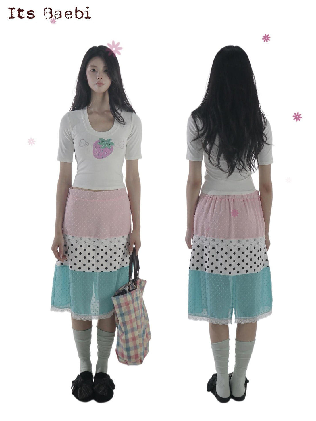 bae bi Electric Mint Polka Dot Colorblock Patchwork Back Slit Women&