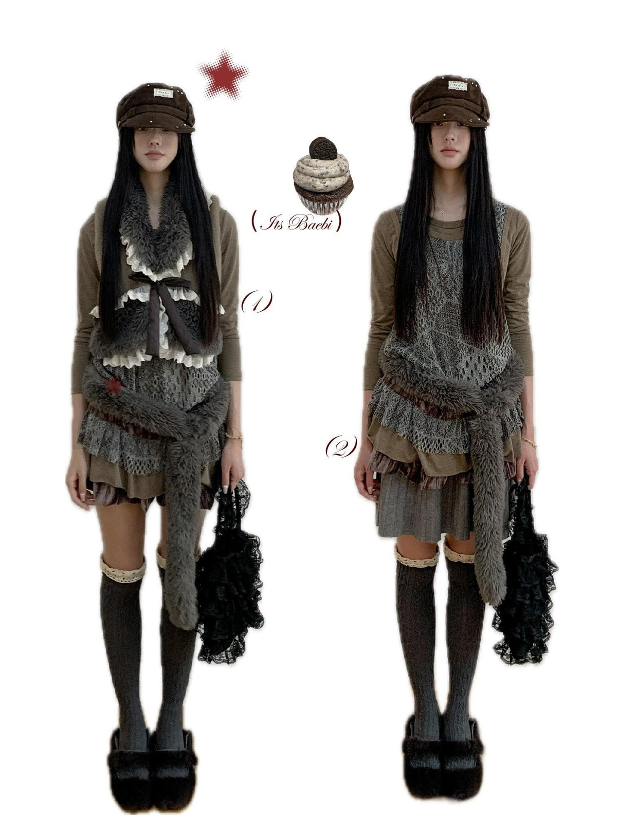 bae bi Hazelnut Cocoa Lace Trim Bow Faux Two Piece Women&