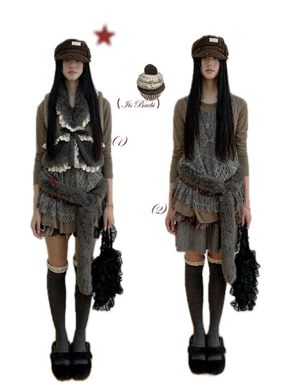 bae bi Hazelnut Cocoa Lace Trim Bow Faux Two Piece Women&